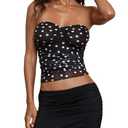 OYOANGLE Women's Polka Dots Mesh Tube Top Ruched Strapless See Through Fitted Bandeau Crop Tops Black and White L