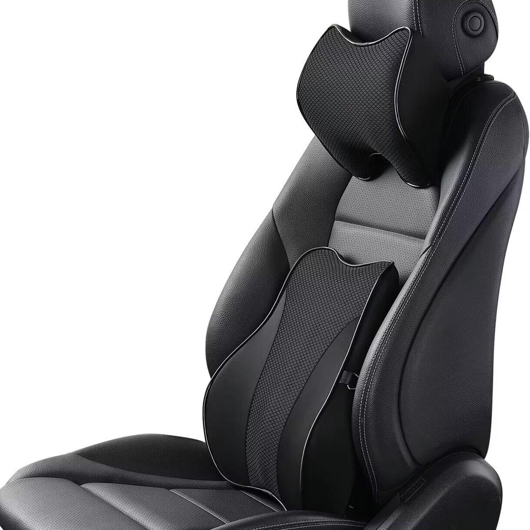 Lumbar Support and Car Neck Pillow for Office Chair and Car Seat Softness Memory Foam Erognomic Seat Cushion with Adjustable StrapComfortable Ergonomic Design (Black, Polyester)