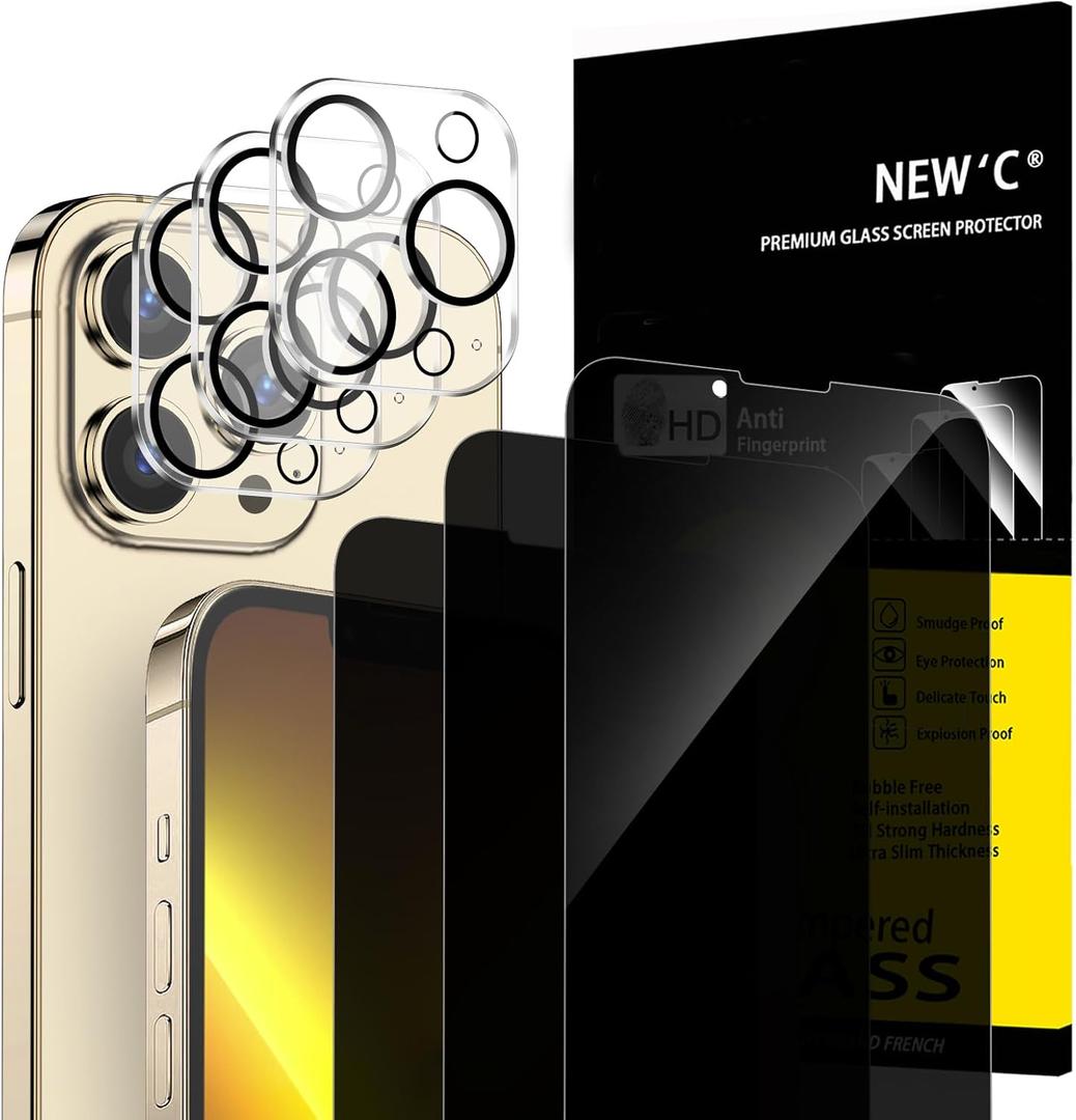 NEW'C 3x Privacy for iPhone 13 Pro Max Screen Protector (6.7 inches)+ 3x Camera Lens Protector, Sensor Protection, Tempered Glass Film +Dust Plug - Enhanced Privacy Angle of 28 Degrees