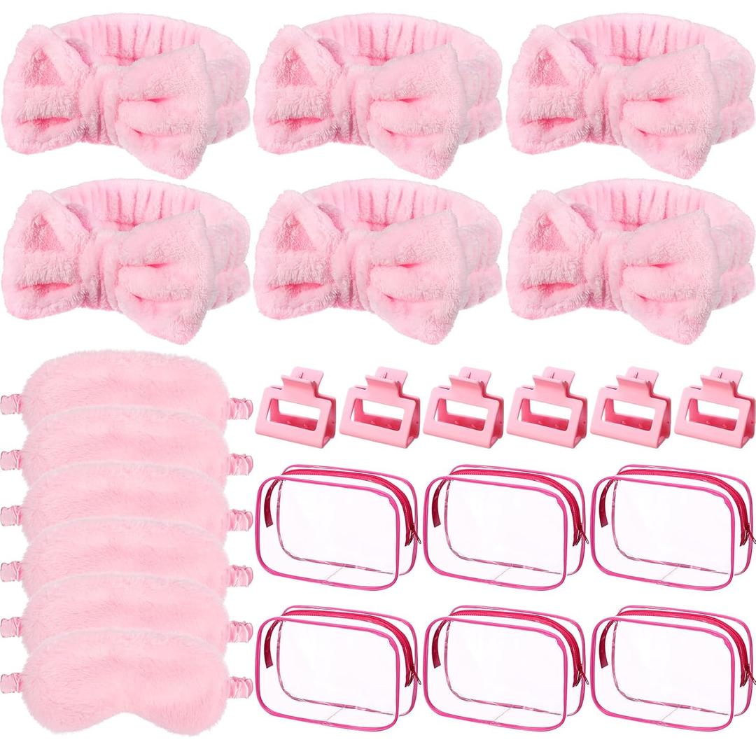 24pcs Sleepover Party Supplies for Woman Spa Slumber Party Favors Spa Headband Plush Sleep Eye Mask Hair Claw Clips Clear Cosmetic Bags for Weekend Trip Graduation Gifts(Pink)