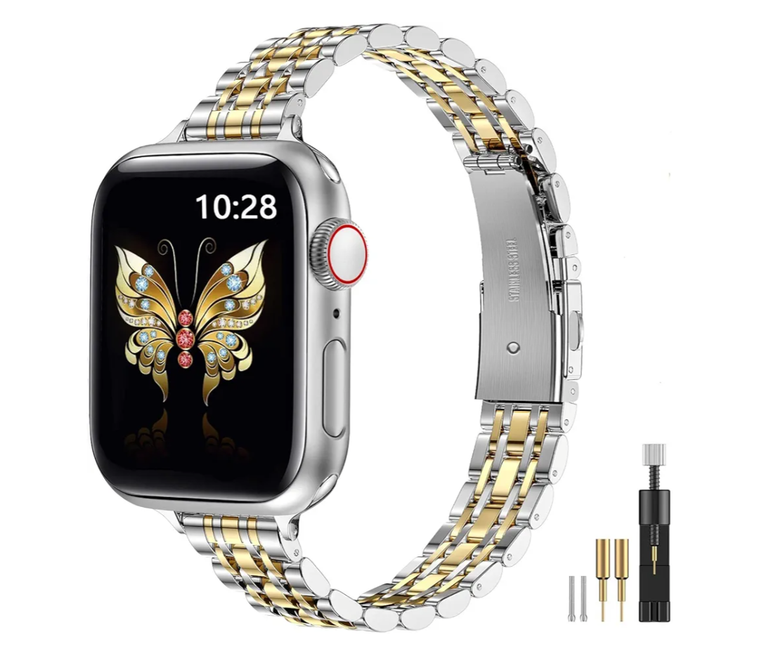 MioHHR Slim Metal Band Compatible with Apple Watch Band 42mm(Series 11 10) 41mm(Series 9 8 7) 40mm(Series 6 5 4 SE3/2/1) 38mm(Series 3 2 1),Stainless Steel iWatch Bands for Women,Silver/Gold