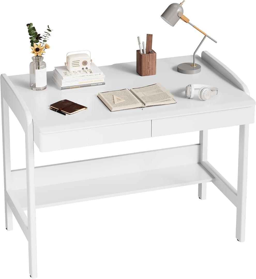 100% Solid Wood Desk with Drawers - 40 Inch Simple Modern Desks, Writing Desk with Drawers & Shelf, Work Study Table, Adjustable Height Home Office Computer Desks - White, 40.5 in W x 23.6 in D