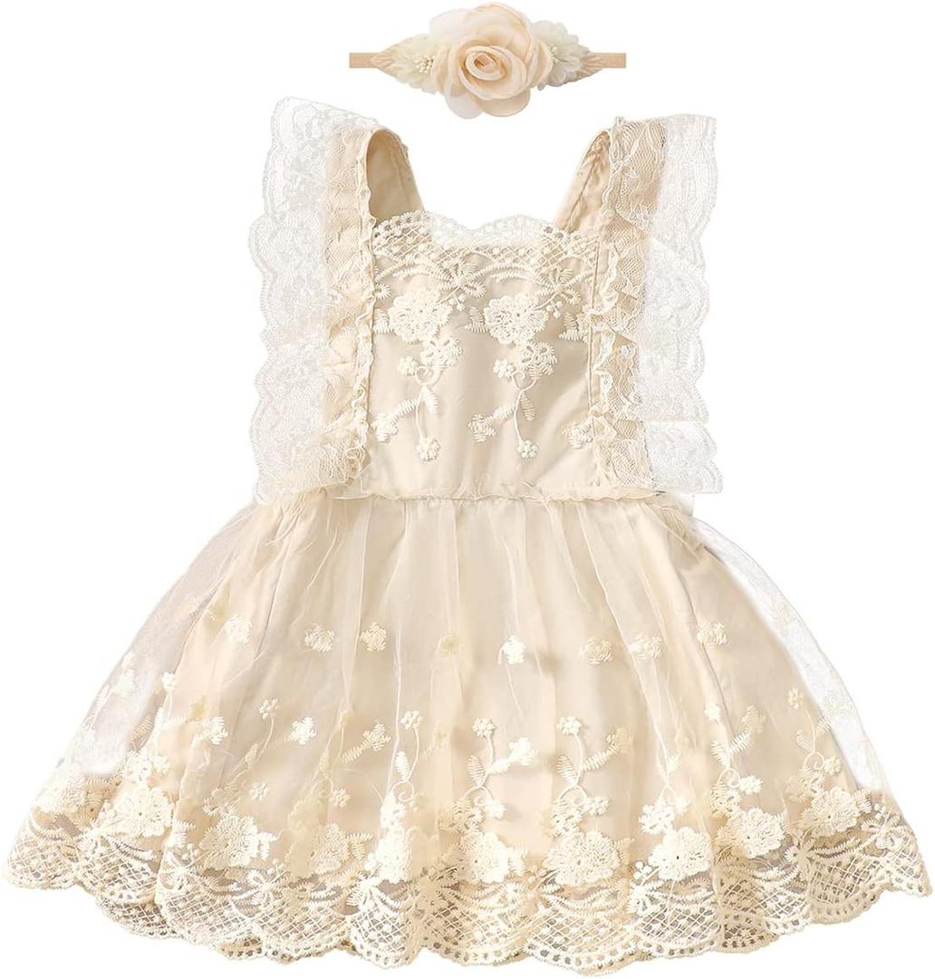 Newborn Baby Girl 1st Birthday Outfit Floral Lace Tulle Tutu Dress Cake Smash Boho Princess Toddler Summer Dresses (12-18 Months, Beige + Headband)