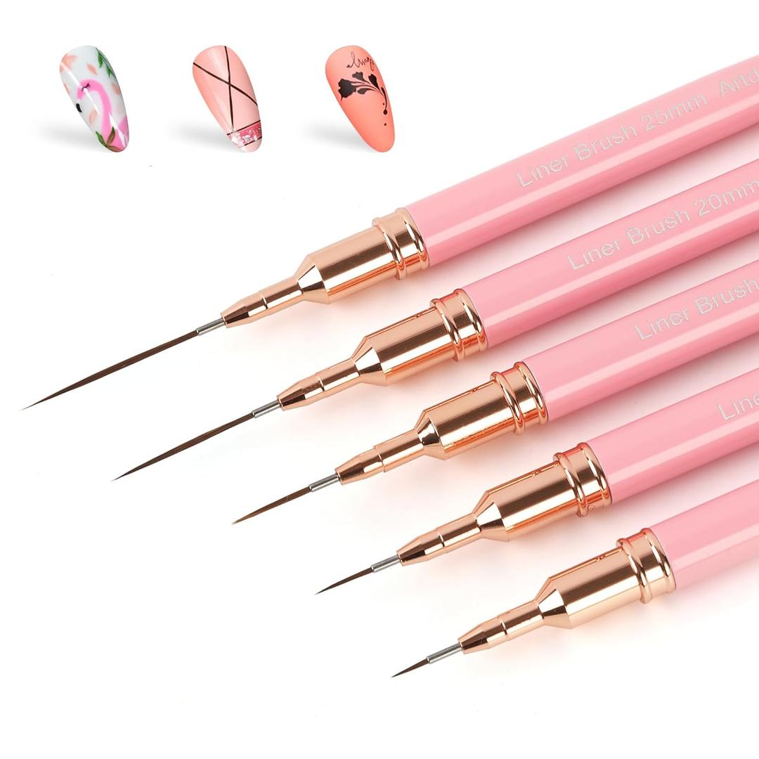 Artdone Metallic Nail Art Pens, Liner Brushes Set, 5PCS Pink Color Nail Tools For Long Lines, Thin Details, Fine Drawing, Liner Brush UV Gel Polish Painting Nail Design Sizes 5/8/12/20/25mm,  Pink