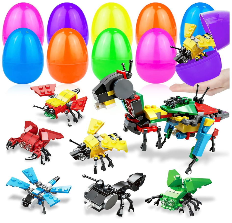 12 Pack 3" Large Filled Easter Eggs with Stem Toy Cars Kids Easter Basket Essential Plastic Surprise Egg Building Blocks 6 in 1 Transform Construction Vehicle Basket Stuffers Boy Egg Hunt Party Favor