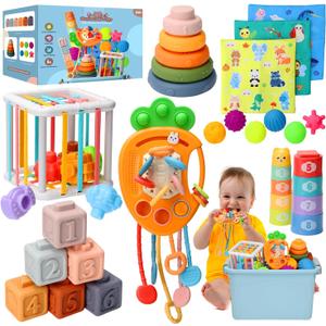 Baby Toys 6 to12 Months, 7 in-1 Montessori Toy for 6-9-12-18 Month Old with Pull String Toy, Sensory Bin Toys, Stacking Baby Blocks & Soft Infant Ring & Sensory Ball, Stacking Cups for Toddler Gift