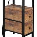 Narrow End Table Living Room with Charging Station, Skinny Side Table with Fabric Drawers, Slim Nightstand for Bedroom, Small Spaces, Couch, Rustic Brown, HETNDP02PBR-1