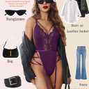 Avidlove Lingerie for Women Lace Lingerie Sets with Garter Belts One Piece Bodysuit Teddy No Stockings S-XXL (Purple, L)