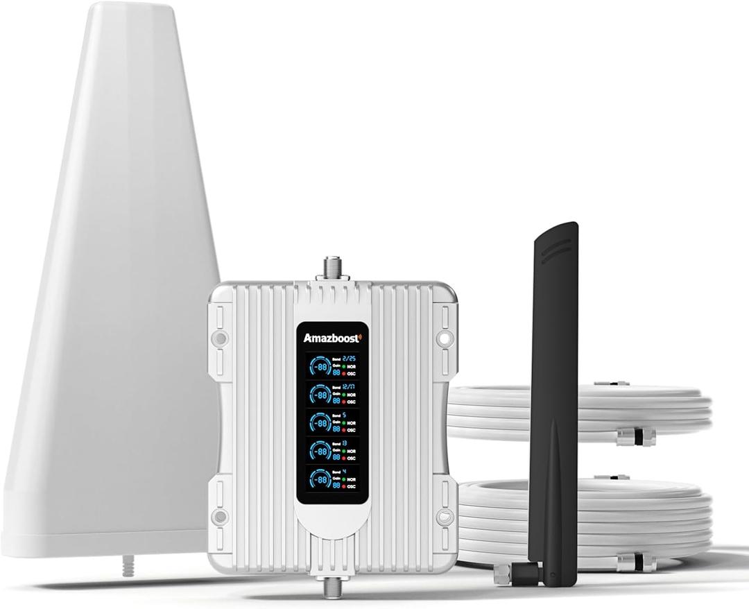 Amazboost Cell Phone Booster with LCD Display, Cell Phone Signal Booster for Home Up to 5,000 sq ft, 5G Compatible for All U.S. Carriers - Verizon AT&T T-Mobile, FCC Approved