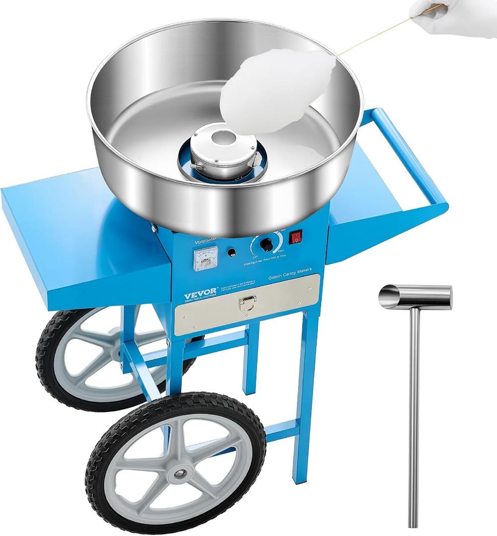 VEVOR Commercial Cotton Candy Machine with Cart, 1000W Electric Candy Floss Maker with 20.5 in Stainless Steel Bowl, Sugar Scoop and Drawer, for Home, Kids Birthday, Family Party, Blue