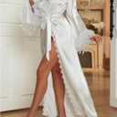 OYOANGLE Women's Satin Robe Long Sleeve Backless Lace Trim Belted Bathrobes for Wedding Party Getting Ready (White)