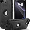 Compatible with iPhone 16E Leather Case, Built-in Invisible Stand Slim Logo View Protective Kickstand Cover (2025) 6.1 Inch (Black)