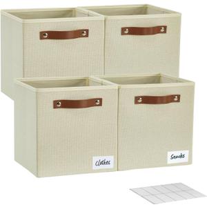 Collapsible Fabric Storage Cube Bins with 2 Reinforced PU Handles, Foldable Storage Organizer Baskets for Closet, Shelves, Living Room | 11"x11"x11", 4 Pack, Full Beige