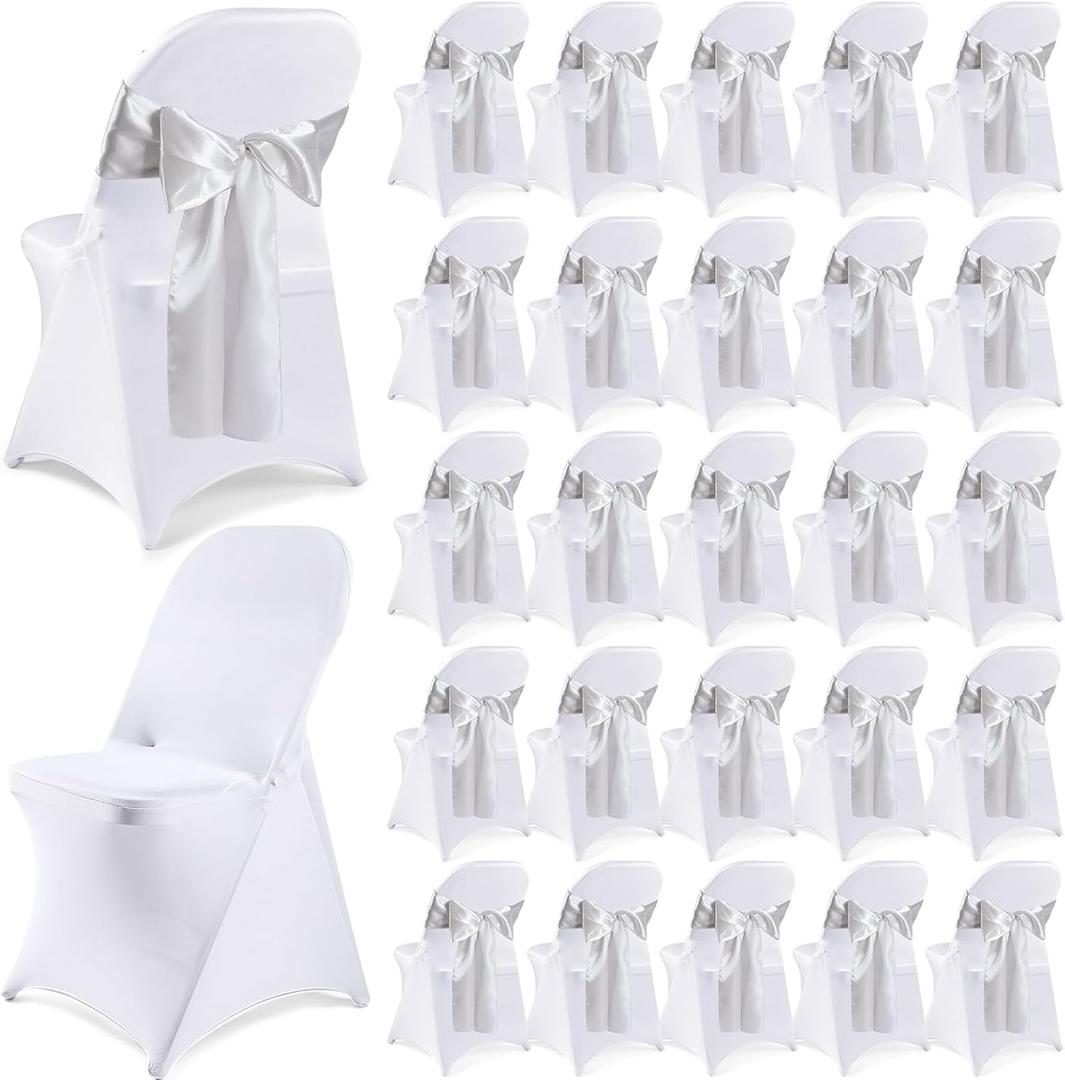 Lounsweer 50 Pcs Folding Chair Cover Set with 25 Stretch Spandex Slipcovers 25 Satin Chair Sashes Bows Ribbon Washable Banquet Protector for Wedding Event Party(White, Silver)