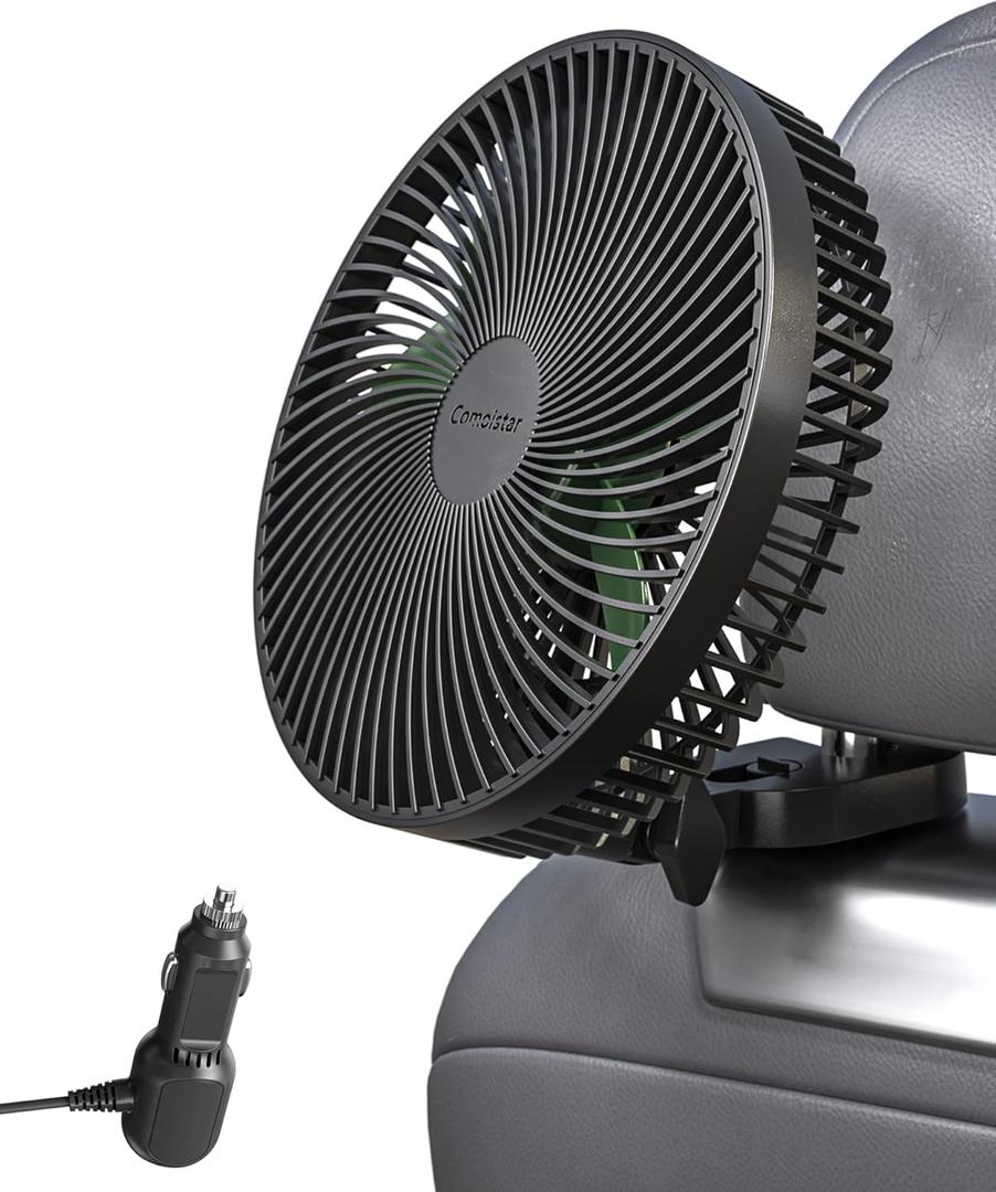 8.5 Inch Portable Car Cooling Fan, 12V/24V Electric Vehicle Fans with Stepless Control, 150 Rotation, Quiet Air Circulator Fan with Cigarette Lighter for SUV, RV, Truck, Boat for Rear Seat, Headrest