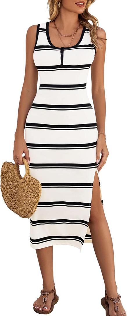Dressystar Women's Summer Scoop Neck Bodycon Sundresses 2025 Sleeveless Casual Striped Side Slit Beach Long Tank Dress (Medium, Beige)