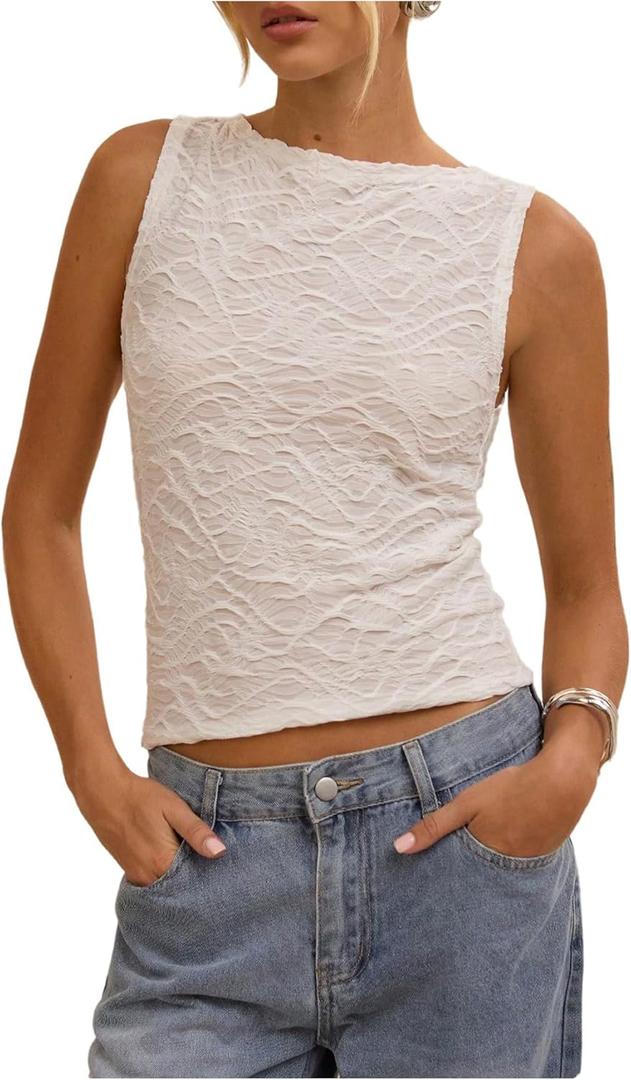 MakeMeChic Women's Summer Mesh Top Textured Sleeveless Going Out Tank Tops (White)