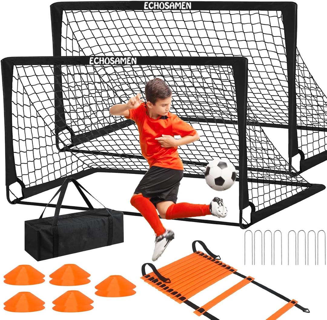 Kids Soccer Goals for Backyard, 2 of 6 x 4 ft Kids Soccer Goal Set Soccer Net with 10 Soccer Cones, Agility Ladder & Carry Bag, Portable Soccer Training Equipment.