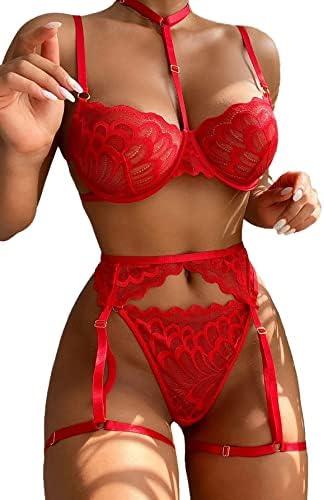 Lilosy Sexy Choker Floral Lace Scallop Sheer Underwire Push Up Garter Belt Lingerie Set 3 Piece, M