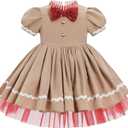 IBTOM CASTLE Christmas Dress for Toddler Baby Girl Puff Sleeve Tutu Dress Princess Santa Photoshoot (5-6 Years, Kahki)