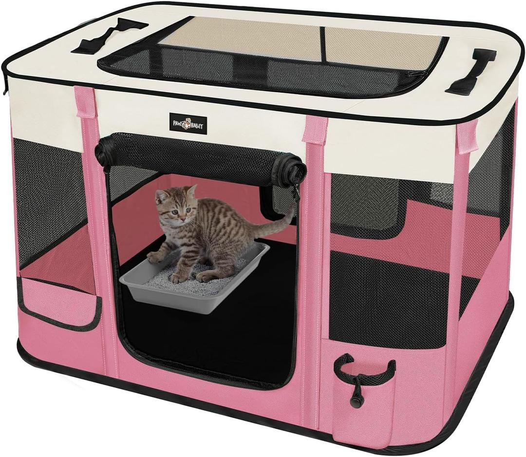 Foldable Pet Kitten Playpen, Upgrade Waterproof Portable Cat Dog Playpen Kennel Tent for Dog Cat, Retractable Shade Cover with Free Carrying Case, Indoor Outdoor Use for Small Pet, Pink