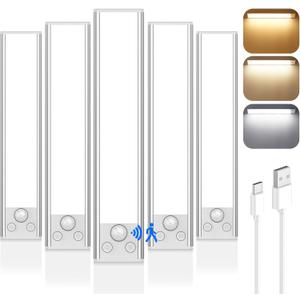 5-Pack Under Cabinet Lighting, 68LED 2000mAh Rechargeable Battery Operated Motion Sensor Light Indoor, 3 Color Wireless Dimmable Closet Lights, Magnetic Under-Counter Light Fixtures for Kitchen, Home