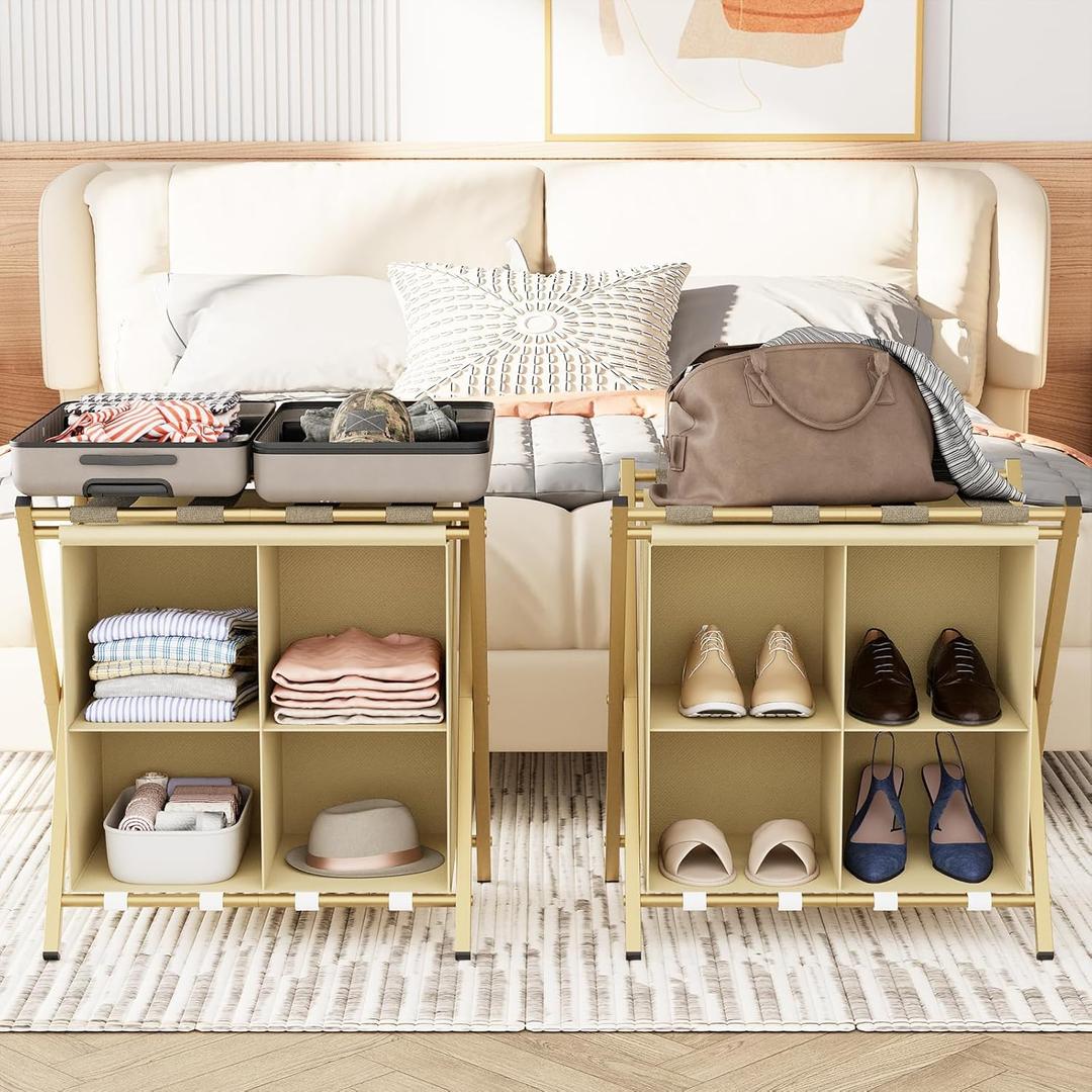 aboxoo 2 Pack Luggage Rack with storage, Guest Room Folding Suitcase Stands, Holds up to 120 lb, Space Saving Suitcase Holders for guest room, Bedroom Hotel, Gold