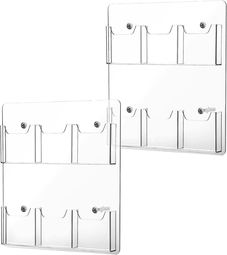 Eersida 2 Pack Acrylic Brochure Pamphlet Holder Wall Mount Clear Brochure Display Holder Plastic Trifold Flyer Rack Literature Storage Rack for Offices Waiting Room (6 Pockets, 15 x 13 Inch)