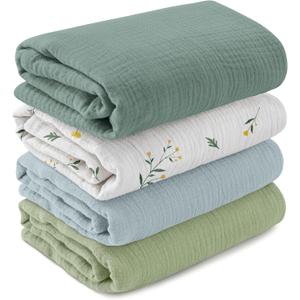 GLLQUEN BABY Muslin Swaddle Blankets for Girls Boy, 4-Pack Baby Blankets for Girl Boy, Newborn Receiving Blanket, Baby Swaddle Blanket Unisex, Baby Essentials, Registry & Gift, 40 x 38 inches (Green & Bud)