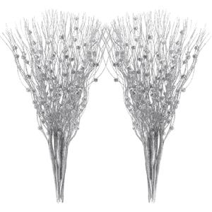 Yunsailing 20 Pcs Christmas Artificial Glitter Berry Stem Ornaments 17 Inch Fake Long Branch Tree Picks Flowers for Tall Vase Xmas Wedding Party Decoration(Silver)
