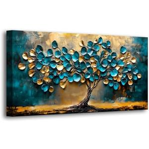 Tree of life Teal Gold Leaf Pictures Canvas Wall Art for Living room Office Bedroom Wall Decor,Abstract Wall Art Print Paintings Modern Blue Leaves Artwork Waterproof Ready to Hang-20x40inch