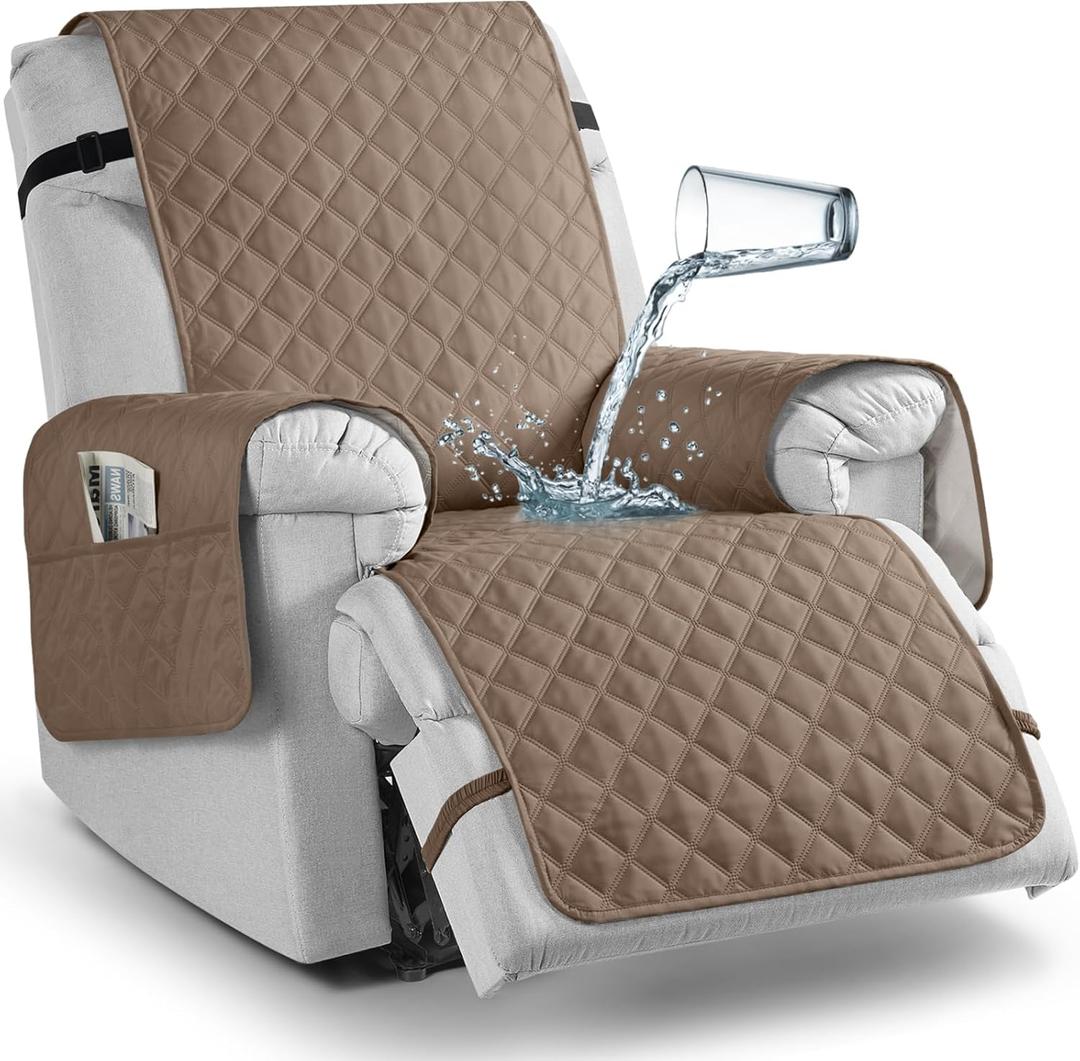 TAOCOCO 100% Waterproof Recliner Chair Covers, Reversible Recliner Covers with Leg Straps, Washable Recliner Sofa Covers for Larger Recliner Furniture Dog Protector with Pocket (Khaki, 28'')