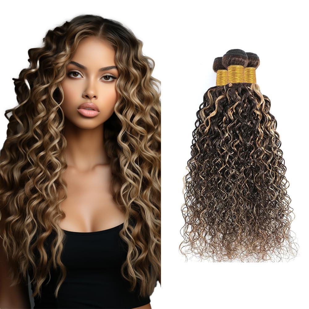 Highlight Kinky Curly Bundles P4/613 Human Hair Bundles Brazilian Virgin Hair 3 Bundles Color #4 Bundles Two Tone Brown Mixed With Blonde Bundles Human Hair for Black Women 24 26 28 Inch
