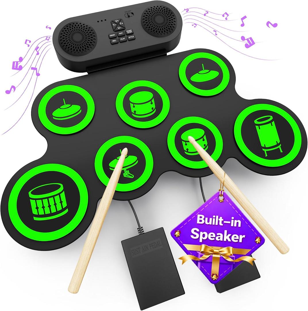 Electric Drum Set with Dual Speaker, Electronic Drum Pad and Sticks Kit Supports REC, Portable Roll Up Drums Practice Pad (Green)