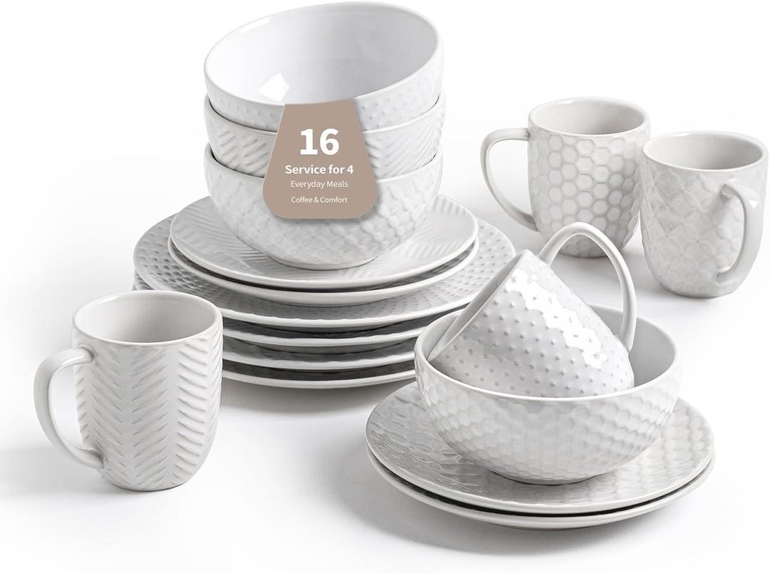 16-Piece Ceramic Dinnerware Set with Mugs,Plates and Bowls Set for 4 with Coffee Mugs,Elegant Dish Set for Everyday Dining (Mixed Embossment)