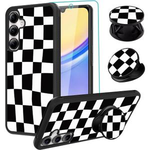 SAKUULO Compatible with Samsung Galaxy A15 5G Case, [Screen Protector + Kickstand] Black Plaid Checkered Aesthetic Cute Design,Tire Texture Anti-Slip Shockproof Ultra Thin Protective Case 6.5inch