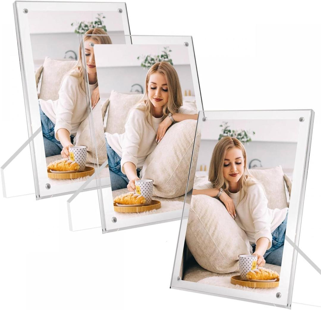 3 Pack Acrylic Picture Frames 5x7 Photo Frame Clear Magnetic Picture Frame With Stand for Home Office Horizontal or Vertical Display