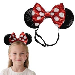 Batsysm Adjustable Mouse Ears Sequin Bow Headband with Polka Dot, Sofl Elastic Hairband for Baby Girls Toddler, Kids Party Festival Supplies, 2 Pack