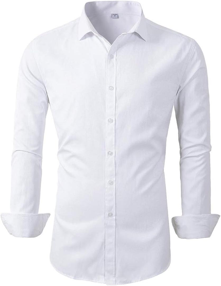 Beninos Men's Dress Shirts Slim Fit Solid Long Sleeve Casual Button Down Shirts (Large, White)