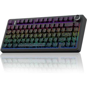 AULA F75 Pro Wireless Mechanical Keyboard with Knob,75% Hot Swappable Custom Gaming Keyboards,RGB Backlit,Pre-lubed Switches,Side Printed PBT Keycaps Creamy Sounding Computer Keyboard, Line Black