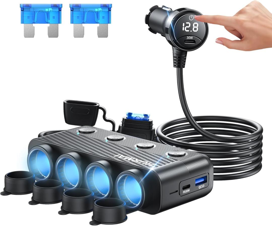 Cigarette Lighter Splitter Adapter, 216W 4 Socket Car Heavy Duty Truck Cigarette Lighter Plug Multi Port with PD30W/QC3.0 Charge USB C 12V/24V Car Plug Outlet Splitter with Independent Switches