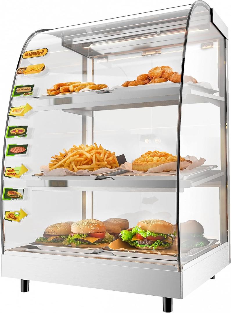 18 Inch Food Warmer Display with LED Light 3 Tiers Commercial Countertop Pretzel Warmer Thermometer Pizza Warmer Machine Food Showcase for Convenience Stores Bakeries Hot Display Case Buffet 110V 310W