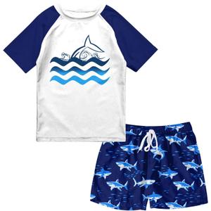 Boys Two Piece Rash Guard Swimsuits Sets Bathing Suits with Trunks 4-12 Years (5-6 Years, A2 Navy Blue)