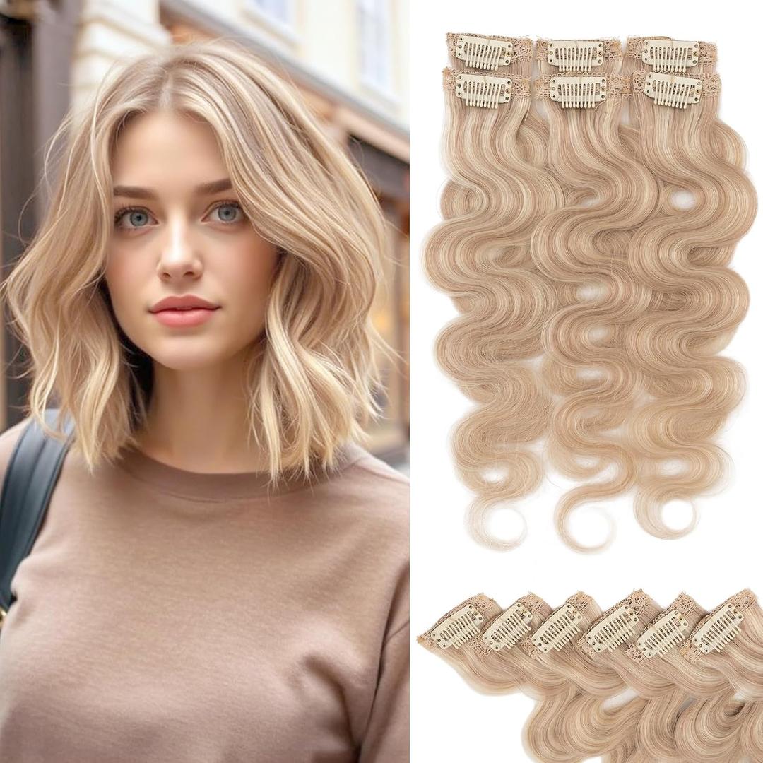 Rich Choices Short Clip In Hair Extensions Real Human Hair-Wave/Curly 6 Pcs Single Clip Hairs Extensions For Women-Mini Clips Hairpieces-10 Inch #22BP613 Champagne Blonde Balayage