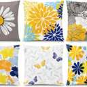COMMINY Yellow Blue Pillow Covers 18x18 Set of 6, Daisy Flower Throw Pillow Cover Case Rustic Square Cushion Cover for Sofa Bedroom Living Room Farmhouse Home Decor