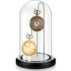 Beeveer 4 x 7 Inch Pocket Watch Glass Display Dome Cloche with 2 Hooks Clear Pocket Watch Display Case Stand Glass Cloche Showcase with Wood Base for Ornaments Medals Collectibles (Black and Silver)