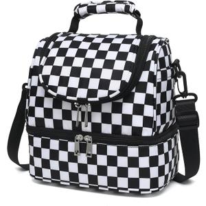 Yusudan Lunch Bag for Women Girls, Dual Compartment Insulated Lunchbox Picnic Tote Bags for Adults Kids Work School Beach (Checkered)