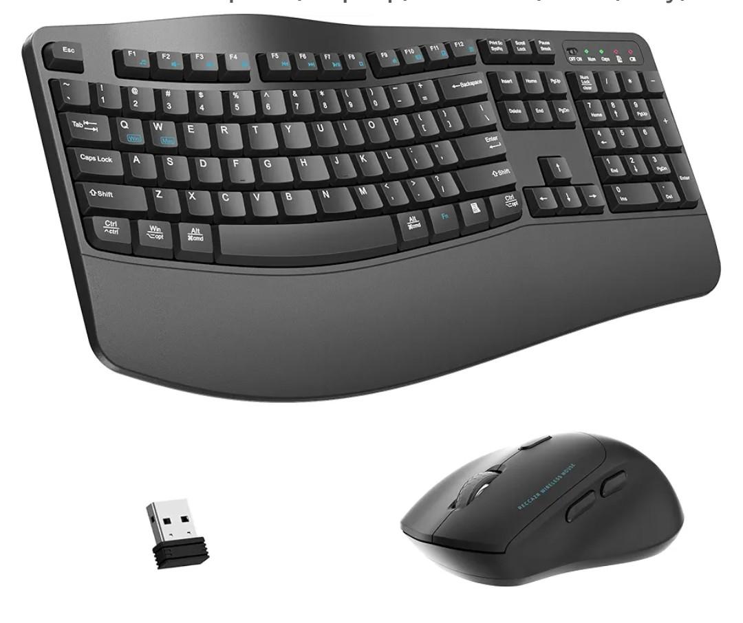 Wireless Keyboard and Mouse Combo, 2.4G Full Size Wave Keys Ergonomic Keyboard with Wrist Rest, Phone Holder, 3Level DPI Wireless Silent Mouse with 6Buttons, for Windows, Mac OS, Laptop, PC (Black)