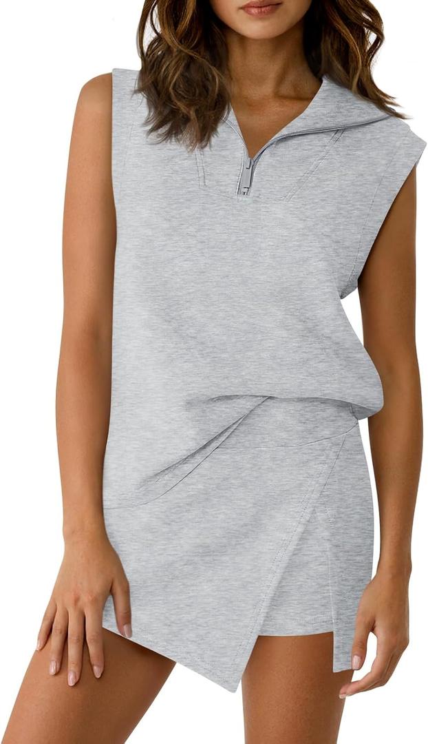 Fisoew Womens 2 Piece Skirt Sets Summer Sleeveless Half Zip Sweatshirt Athletic Skorts Tennis Outfits Casual Sweatsuits, Size: Medium (Gray)
