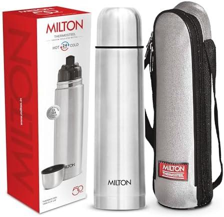 Milton Thermosteel Flip Lid 1000, Double Walled Vacuum Insulated Thermos 1000 ml | 34 oz | 1 Ltr | 24 Hours Hot and Cold Water Bottle with Cover, Stainless Steel, BPA Free,Leak Proof | Silver